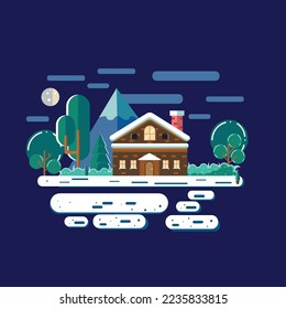 illustration of nature winter landscape with small house in flat design