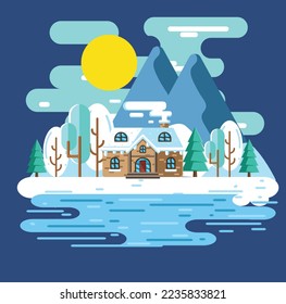 illustration of nature winter landscape with small house in flat design