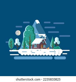 illustration of nature winter landscape with small house in flat design