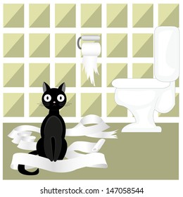 Illustration naughty black cat who played with toilet paper