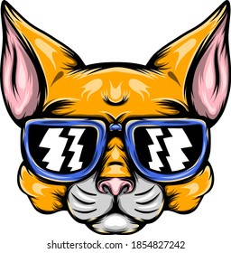 The illustration of the naughty yellow cat with the blue sunglasses for the mascot inspiration 