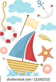 Illustration of Nautical Elements Featuring a Sailboat, an Anchor, a Lifebuoy, and a Flag