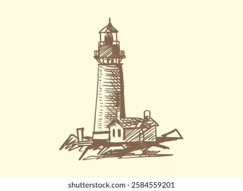 Illustration of an Nautical Handdrawn Lighthouse Ship