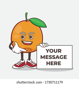 An illustration of Navel Orange cartoon mascot character holding a board sign message