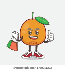 An illustration of Navel Orange cartoon mascot character waving and holding Shopping bags