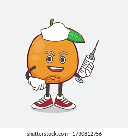 An illustration of Navel Orange cartoon mascot character as nurse with medical syringe
