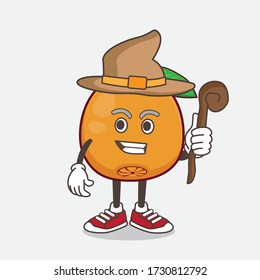 An illustration of Navel Orange cartoon mascot character as a witch wearing hat and staff