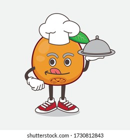 An illustration of Navel Orange cartoon mascot character as a Chef with food on tray ready to serve