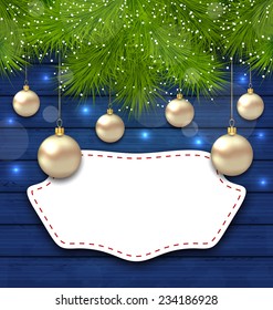 Illustration Navidad greeting card with golden balls and fir branches - vector