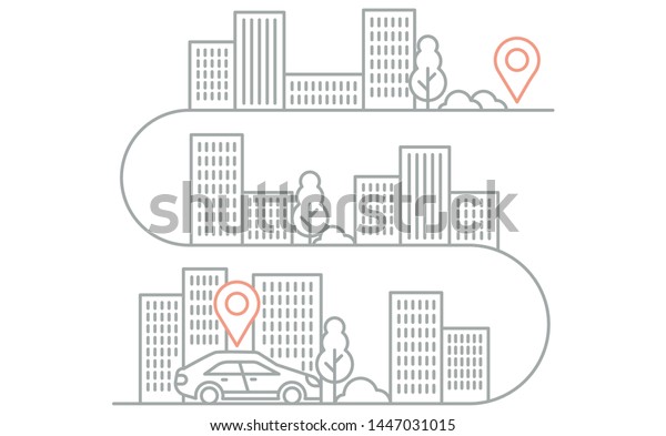 Illustration navigation directions with car\
and background building. Vector\
illustration