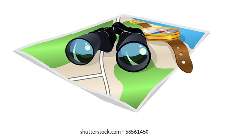 illustration of the navigation icon - binoculars, compass and map