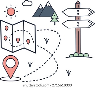 Illustration der Navigations- und Reiseplanung mit Karte und Wegweiser