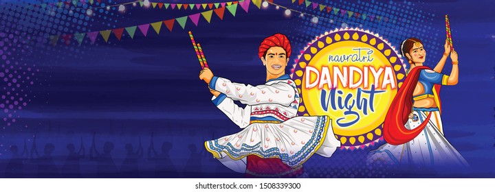 illustration of Navratri couple playing Dandiya in disco Garba Night banner poster invitation card