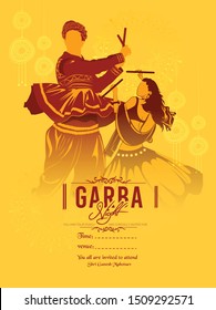 illustration of Navratri festival couple playing Dandiya in disco Garba Night poster card banner