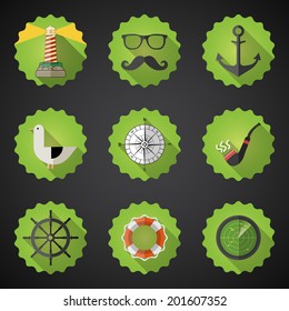 Illustration of Navy Sailor Marine Flat Vector Icon Set. Include fish sonar radar, anchor, life saver, steering wheel etc