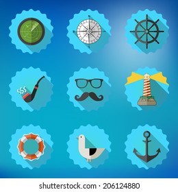 Illustration of Navy Sailor Marine Flat Vector Icon Set. Include fish sonar radar, anchor, life saver, steering wheel etc