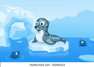Illustration of a navy seal on an arctic vector background with ice floes, icebergs, water and fishes