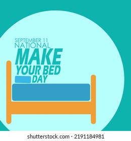 Ilustración de una cama impecable con texto en negrita sobre fondo azul, Día nacional de hacer su cama el 11 de setiembre