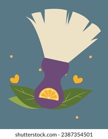 Illustration with Neck Duster Barber, Salon Brush to Remove Loose Hair from Neckline and lemon,Leaves