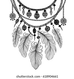 Illustration with a necklace. Beads and feathers. Freehand drawing