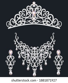 illustration necklace diadem and earrings with white precious stones