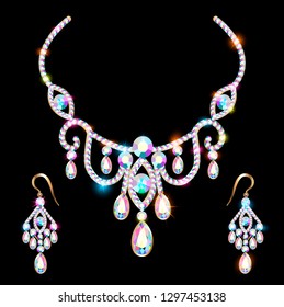 illustration necklace and earrings, wedding womens diamond