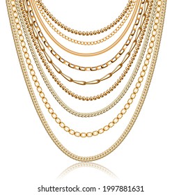 Illustration of a necklace multilayer of gold chains and beads isolated on white with reflection 