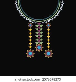 Illustration of a necklace with ornaments on a black background. Ikat embroidery necklace design for shirts and tops.