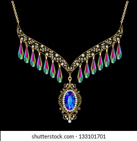 illustration necklace women for marriage with pearls and precious stones on a black background