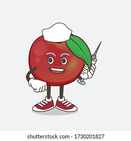 An illustration of Nectarine Fruit cartoon mascot character as nurse with medical syringe