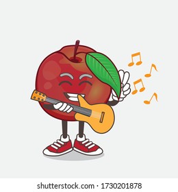 An illustration of Nectarine Fruit cartoon mascot character playing a guitar