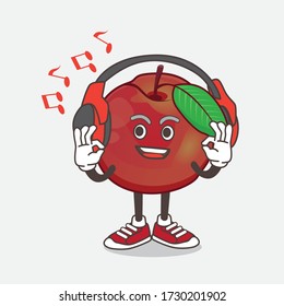 An illustration of Nectarine Fruit cartoon mascot character Listening music on a headset