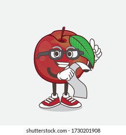 An illustration of Nectarine Fruit cartoon mascot character holding a menu