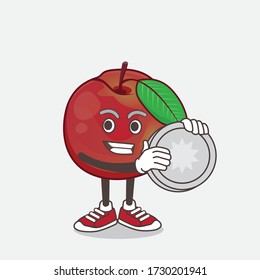 An illustration of Nectarine Fruit cartoon mascot character holding a silver coin medal