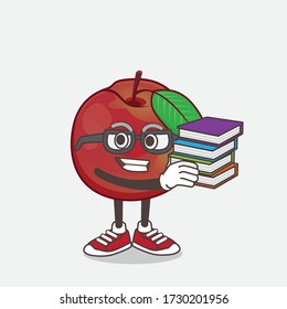 An illustration of Nectarine Fruit cartoon mascot character studying with some books
