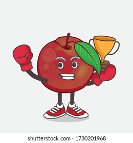 An illustration of Nectarine Fruit cartoon mascot character as Boxing winner