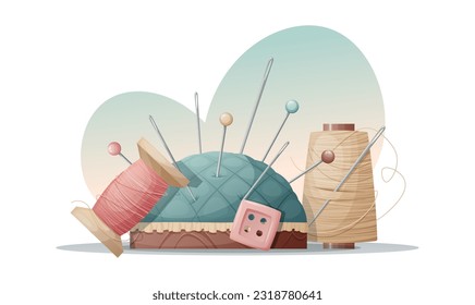 Illustration of a needle bed with pins, threads and a button on a white background. Sewing tools, needlework, hobby, craft, workplace.