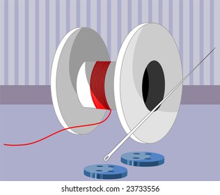 Illustration of needle and buttons in colour	