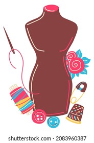 Illustration with needlework sewing items. Handicraft and hand made. Feminine creativity hobby and shopping.
