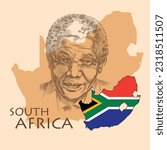 Illustration of Nelson Mandela Along with the map of South Africa and in national flag colours.