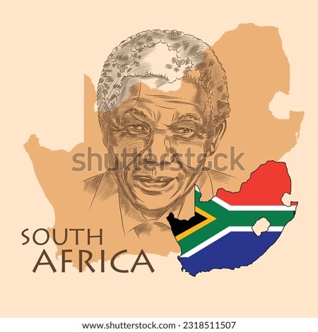 Illustration of Nelson Mandela Along with the map of South Africa and in national flag colours. Stockfoto © 