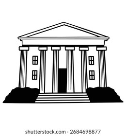 Illustration of a neoclassical building with columns and steps, set against a simple background