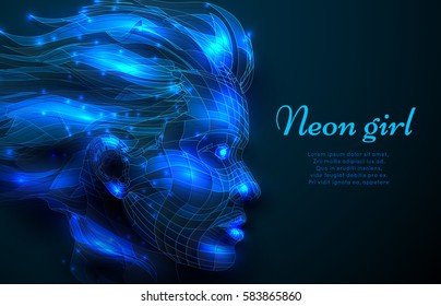 Illustration neon face girl from polygons with the stars in the form of colored glass with light background star