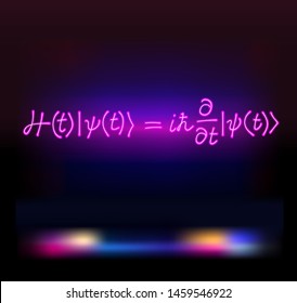 Illustration of Neon Signboard with Erwin Schrodinger (or Schroedinger) Equation, the fundamental quantum mechanics laws, superposition and entanglement.