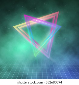 Illustration of Neon Triangle Disco Poster Template 80s Background. Retro Music Abstract Poster Cover 1980s Style Background