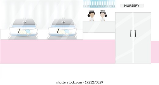 Illustration Neonatal Ward  , Nursery Ward. Neonatal Intensive Care And Newborn Babies Lying On Baby Crib  
