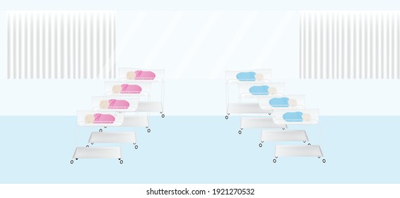 Illustration Neonatal Ward  , Nursery Ward. Neonatal Intensive Care And Newborn Babies Lying On Baby Crib  