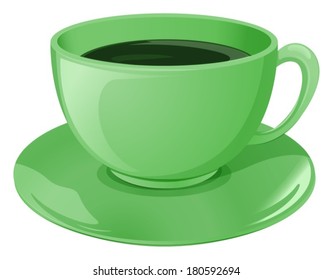 Illustration of a neon-colored cup and saucer with coffee on a white background