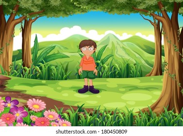Illustration of a nerd boy at the forest