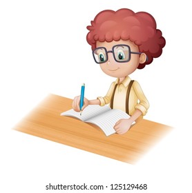 Illustration of a nerd boy writing on a white background